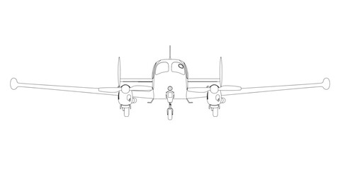 Fototapeta na wymiar Outline of an airplane with propellers from black lines isolated on a white background. Front view. Vector illustration.