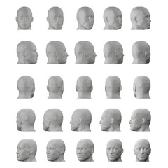Set with male head model in different positions isolated on white background. The head turns fifteen degrees. 3D. Vector illustration.