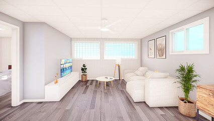 3D render of 1 bedroom apartment with 1 bathroom