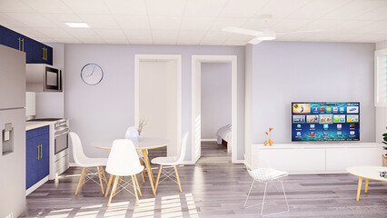 3D render of 1 bedroom apartment with 1 bathroom