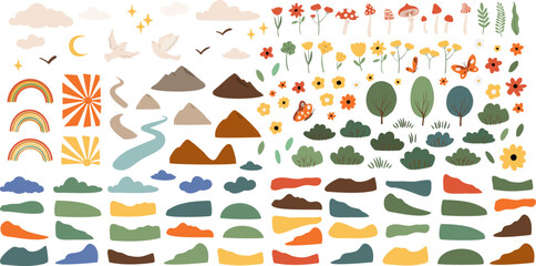 Fototapeta Groovy abstract landscape creator clipart, Set of colorful abstract shapes, mountains, clouds, rainbows, birds, mushrooms, flowers, butterflyes clip art, Vector illustration in flat style. obraz