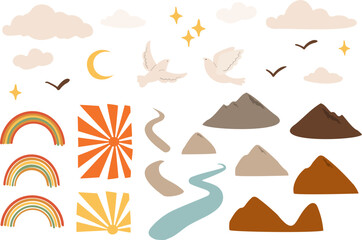 Groovy abstract landscape creator clipart, Set of colorful abstract shapes, mountains, clouds, rainbows, birds, mushrooms, flowers, butterflyes clip art, Vector illustration in flat style.