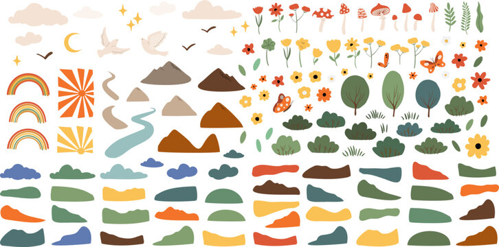 Groovy abstract landscape creator clipart, Set of colorful abstract shapes, mountains, clouds, rainbows, birds, mushrooms, flowers, butterflyes clip art, Vector illustration in flat style.