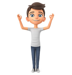 Boy cartoon character showing ok with two hands on white background. 3d rendering.