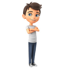Cartoon boy character crossed his arms over his chest. 3d rendering..Pink megaphone. 3d render illustration.