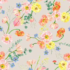 Hand painted watercolor floral bouquet. Iceland Poppies, anthurium flowers and eucalyptus illustration isolated on white background. Watercolor hand drawn seamless pattern, wallpaper, wrapping paper