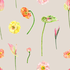 Hand painted watercolor floral bouquet. Iceland Poppies, anthurium flowers and eucalyptus illustration isolated on white background. Watercolor hand drawn seamless pattern, wallpaper, wrapping paper