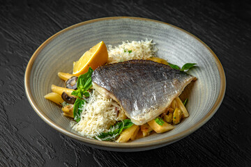 Penne pasta with dorado and parmesan in a ceramic plate on a dark textured background. Restaurant menu Isolated on black