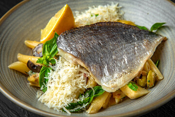 Penne pasta with dorado and parmesan in a ceramic plate on a dark textured background. Restaurant menu Isolated on black
