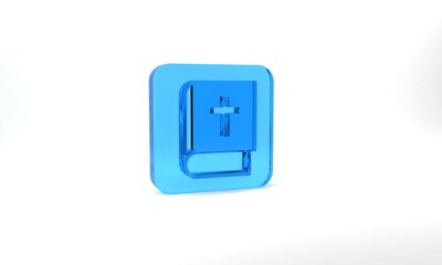 Blue Holy bible book icon isolated on grey background. Glass square button. 3d illustration 3D render