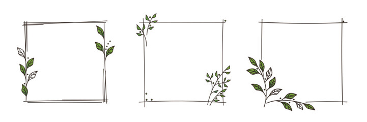 Vector set from simple floral frames with leaves. Laurel frame. Illustration for card, postcard, poster, banner, cover. Square frame