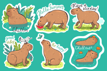 Set of stickers with capybaras and inscriptions. Vector graphics.