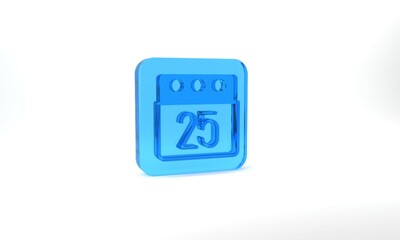 Blue Christmas day calendar icon isolated on grey background. Event reminder symbol. Merry Christmas and Happy New Year. Glass square button. 3d illustration 3D render