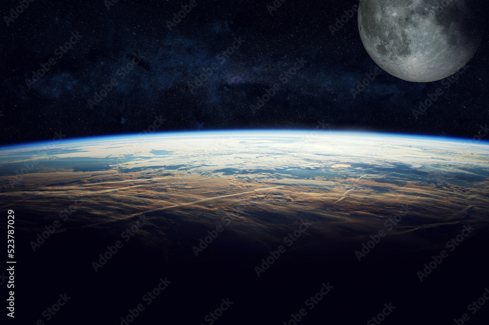 Sticker planet earth and moon on space background. elements of this image furnished by nasa.