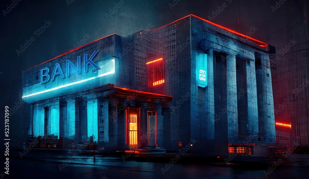 Poster futuristic bank building in cyberpunk style. isolated bank against the background of the city. the c