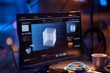 cybercrime, hacking and technology concept - close up of 3d graphic shape on computer monitor in dark room