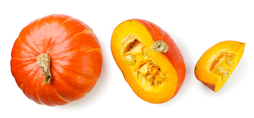 Set of pumpkin and slices on a white background. Top view