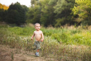 Little funny boy running in the meadow and playing. A happy boy is enjoying life. Happy childhood. Rest in the village.