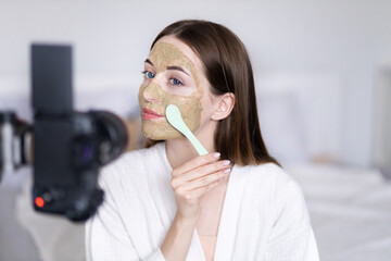 A beauty blogger films the skin care process. Content for videos about cosmetics. Blogging.