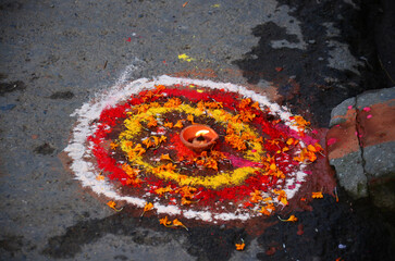 Sacrificial offering and Rangoli powder or sand paint coloured nepalese style for nepali people...