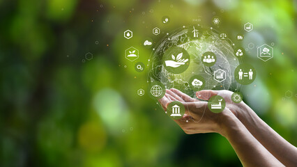 ESG icon concept. Environment, society and governance. Energy of natural gas sustainable and ethical business on network connection on green background. - obrazy, fototapety, plakaty