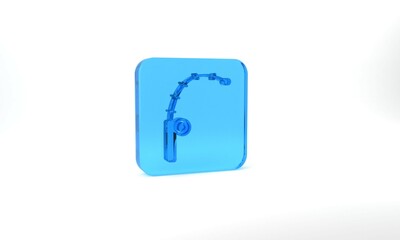 Blue Fishing rod icon isolated on grey background. Catch a big fish. Fishing equipment and fish farming topics. Glass square button. 3d illustration 3D render