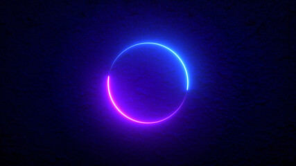 Obraz premium glowing loop neon animation. spin geometric rotation abstract element. light beam dynamic movement laser ring, round eclipse motion power balance space graphic blue and purple shape particle effect