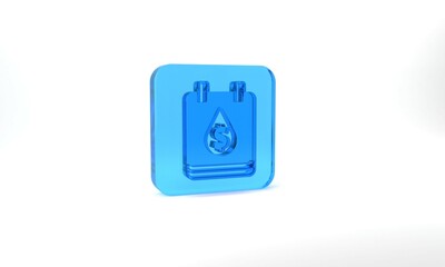 Blue Oil drop with dollar symbol icon isolated on grey background. Oil price. Oil and petroleum industry. Glass square button. 3d illustration 3D render