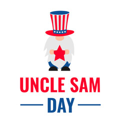 Uncle Sam Day. Cute gnome wearing patriotic hat. USA holiday on September 13th.  Vector template for banner, poster, greeting card, shirt, etc