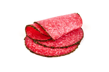 Traditional salami sausage with spices, isolated on white background.