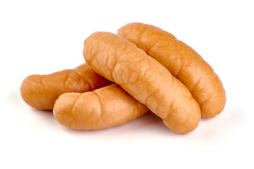 Boiled bratwurst sausages, isolated on white background.