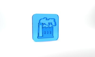 Blue Oil and gas industrial factory building icon isolated on grey background. Glass square button. 3d illustration 3D render