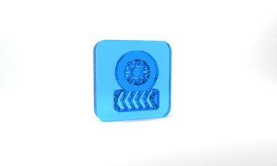 Blue Car tire wheel icon isolated on grey background. Glass square button. 3d illustration 3D render