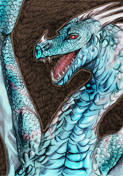 Illustration of a slim dragon with long muzzle and open mouth