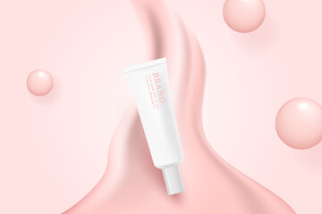 Pink cosmetic 3d background with  liquid and bubble.