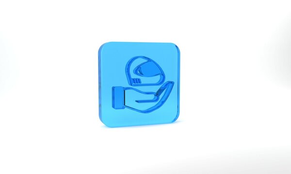 Blue Racing helmet icon isolated on grey background. Extreme sport. Sport equipment. Glass square button. 3d illustration 3D render