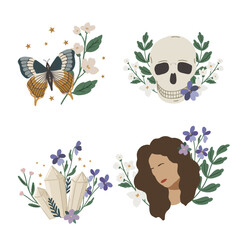 Set of wild grass decorative elements, mystical floral green witch clipart, magical forest clipart vector illustration isolated on white background