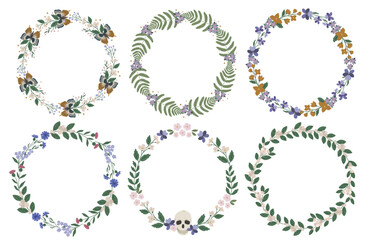Wild grass floral wreath clipart, floral decorative vector frame, mystical illustration. Witchcraft wild grass wreath