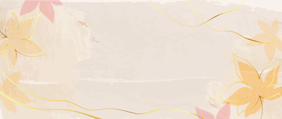 Fototapeta premium Autumn foliage in watercolor vector background. Abstract wallpaper design with maple leaves, line art, gold lines. Elegant botanical in fall season illustration suitable for fabric, prints, cover