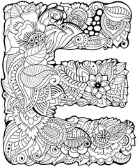 Hand drawn letter E filled with zentangle ornament in adult coloring book style