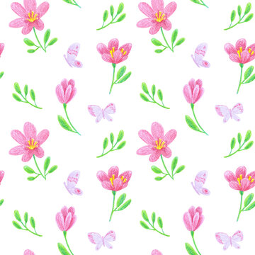 Seamless pattern of delicate pink flowers and lilac butterflies. Illustration hand drawn with wax crayons. For fabric, sketchbook, wallpaper, wrapping paper.