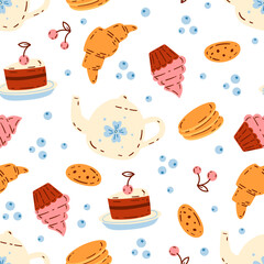 Tea time cute seamless vector pattern. Funny food print with teacups, cakes and croissants hand drawn in doodle style for menu, kitchen textile, packaging design