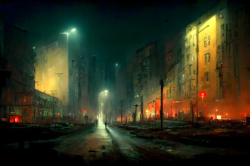 night dirty dystopian city ghetto street with yellow multi-storery condominium apartment buildings , neural network generated art. - obrazy, fototapety, plakaty