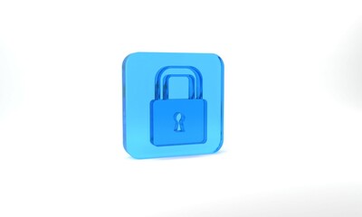 Blue Lock icon isolated on grey background. Padlock sign. Security, safety, protection, privacy concept. Glass square button. 3d illustration 3D render