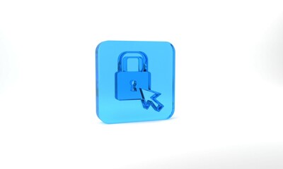 Blue Lock icon isolated on grey background. Padlock sign. Security, safety, protection, privacy concept. Glass square button. 3d illustration 3D render