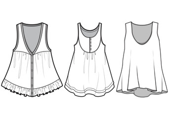 Flared Hem Tank Top Blouse Set, Maternity Sleeveless Blouse Set, Camisole Top Set  Fashion Illustration, Vector, CAD, Technical Drawing, Flat Drawing, Template, Mockup.