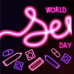 World Sexual Day illustration in neon color with contraceptive protection symbols on black color