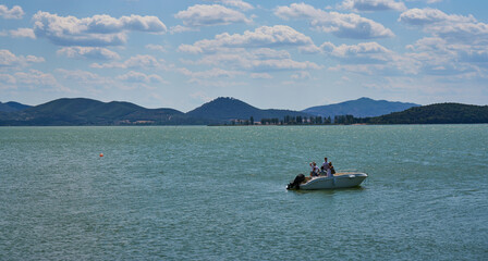 Lake Trasimeno from Monte del Lago in the summer, Italy
