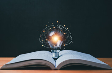 Light bulbs show ideas from opening a book, discovering new ideas. with realistic brain icons...
