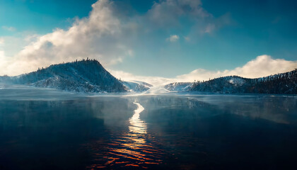 Fototapeta na wymiar Frozen winter lake, ice on the river, lake in the winter forest. Winter landscape, ice, frost, snow. 3D illustration.